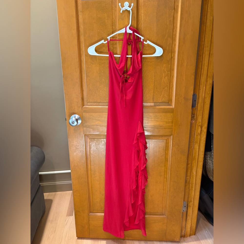 White Fox Boutique Red Halter Maxi Dress with Ruffle Slit - Picture 5 of 14
